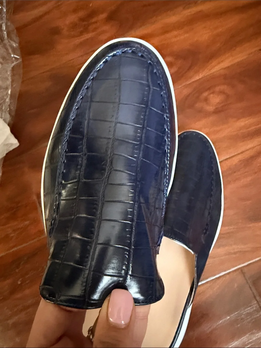 Men's Navy Croc-Embossed Leather Slip-On Mules